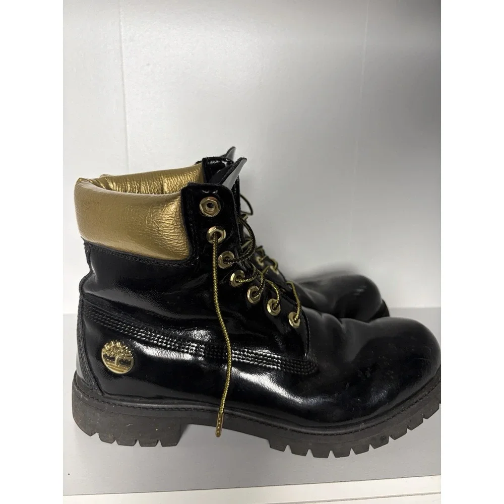 Timberland 6 Inch Boots Mens 10.5 Wide Black Patent Gold PrimaLoft 400g